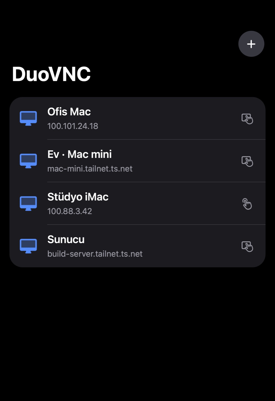 DuoVNC kayıtlı bağlantılar listesi